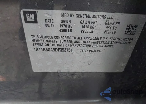 2013 Chevrolet Malibu 1Ls из США, поврежденный, VIN 1G11B5SA9DF353754